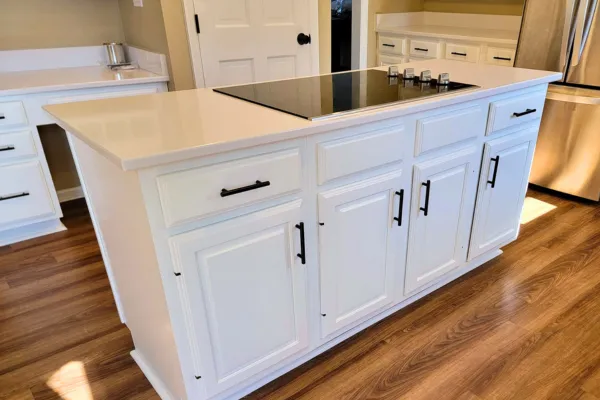 After – Kitchen Island – White Cabinets – White Countertops – Black Pulls After - Kitchen Island - White Cabinets - White Countertops - Black Pulls